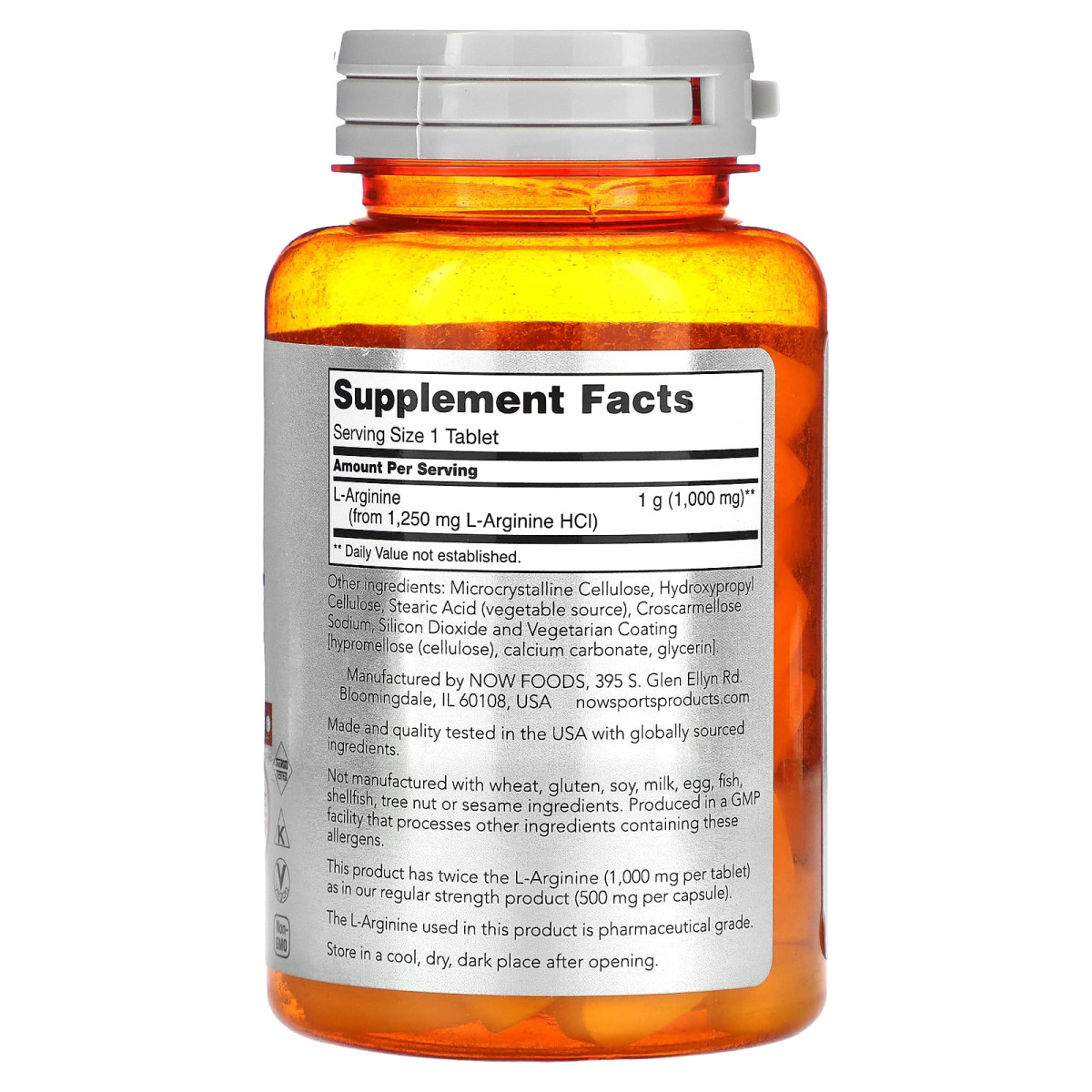 NOW Foods, L-arginina o podwójnej sile, 1000 mg, 60 tabletek