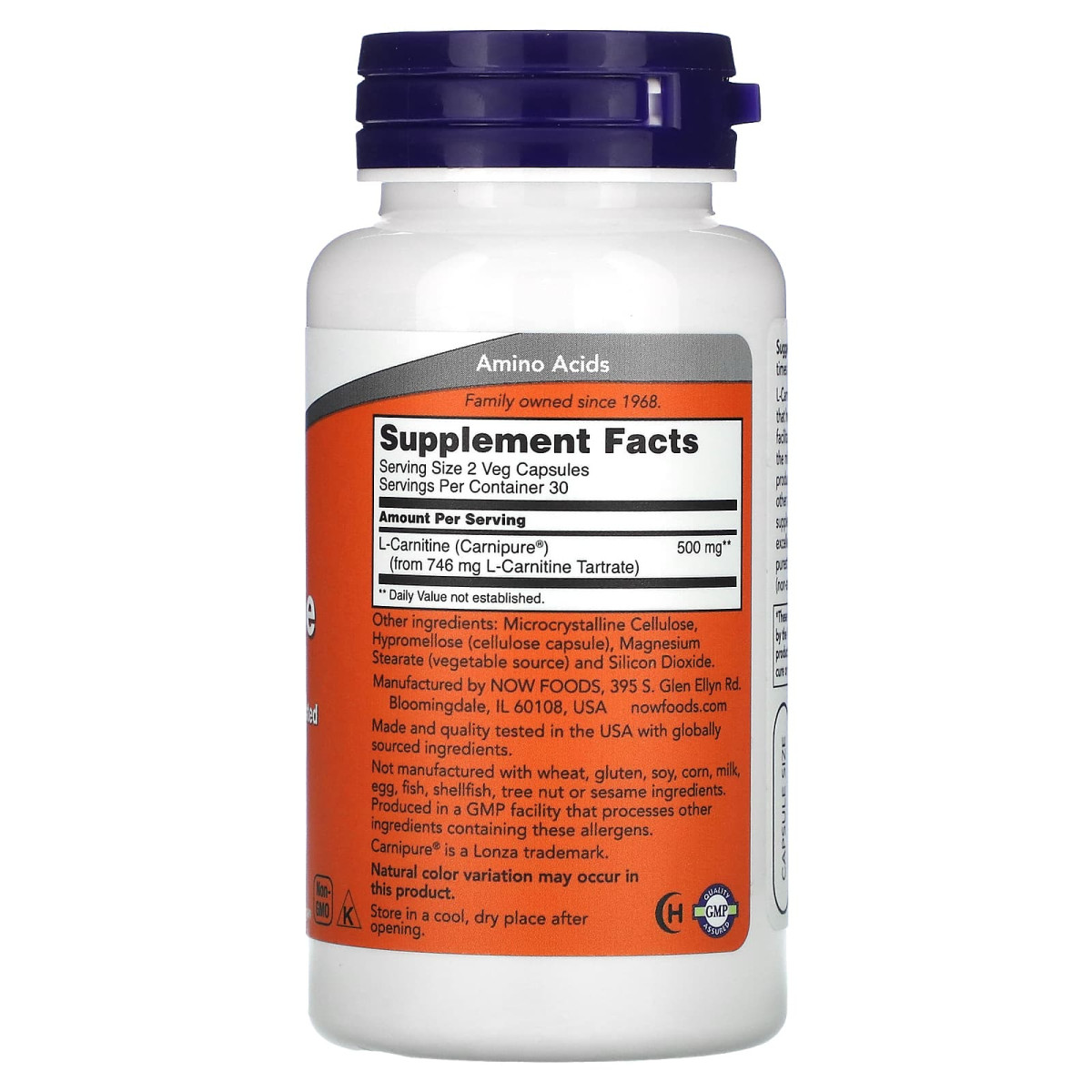 NOW Foods, L-karnityna, 60 kapsułek roślinnych (250 mg na kapsułkę)