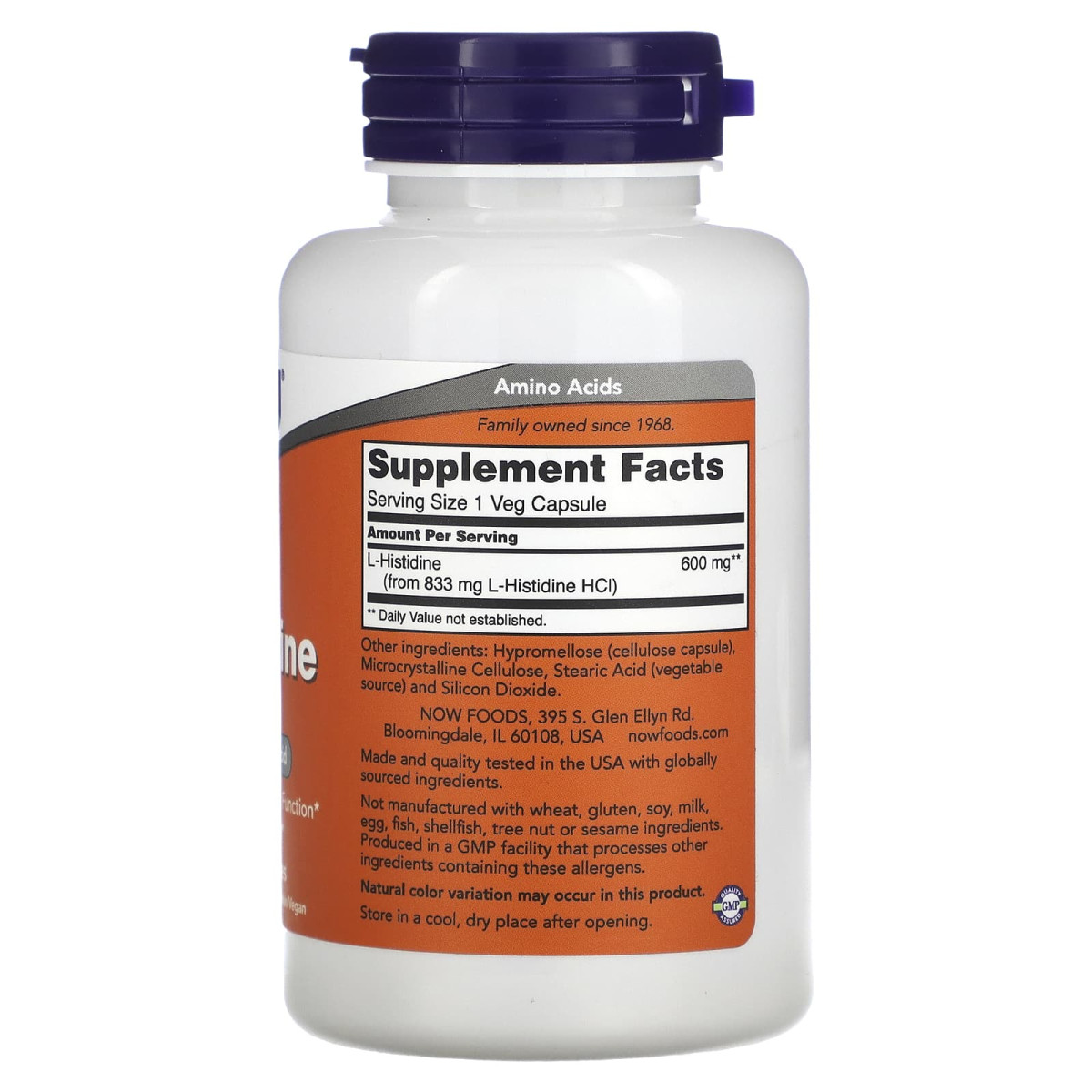NOW Foods, L-histydyna, 600 mg, 60 kapsułek roślinnych