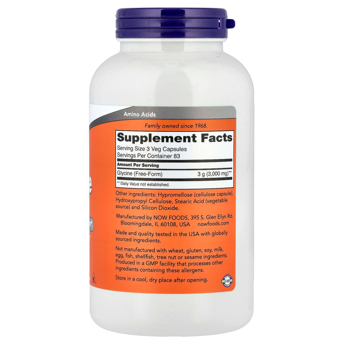 NOW Foods, Glicyna, 1000 mg, 250 kapsułek roślinnych