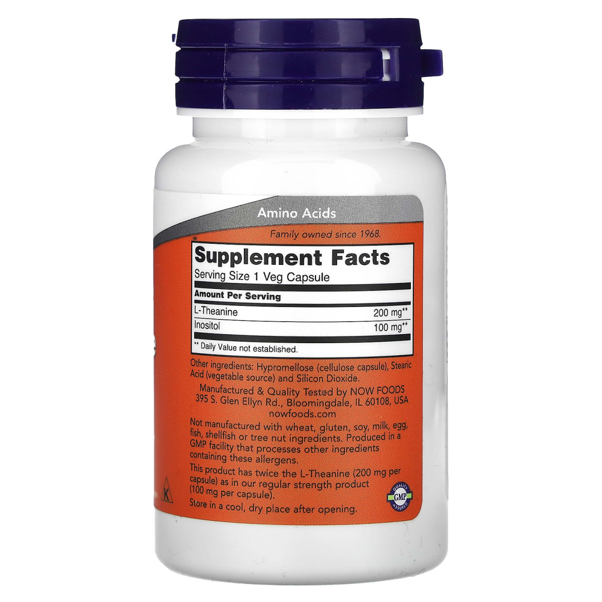NOW Foods, L-teanina, podwójna moc, 200 mg, 60 kapsułek roślinnych