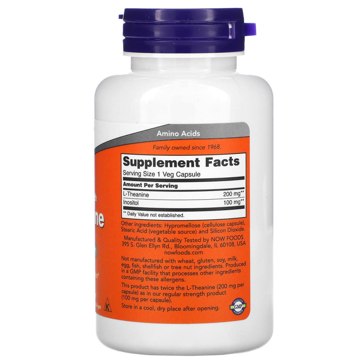 NOW Foods, L-teanina o podwójnej sile, 200 mg, 120 kapsułek roślinnych