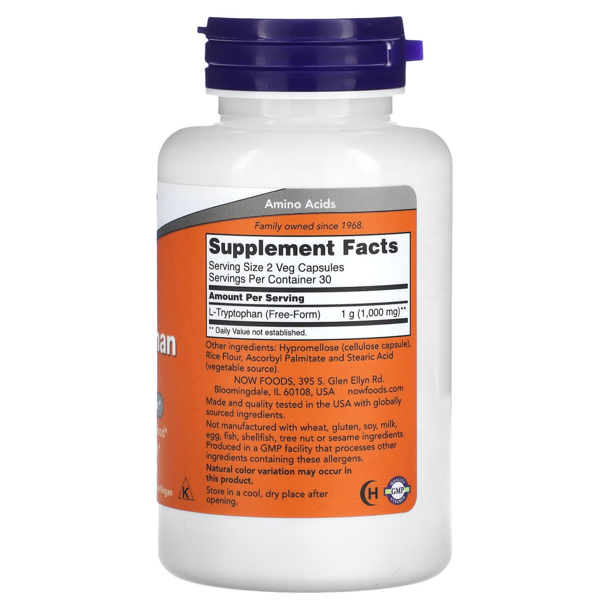 NOW Foods, L-tryptofan, 60 kapsułek roślinnych (500 mg na kapsułkę)