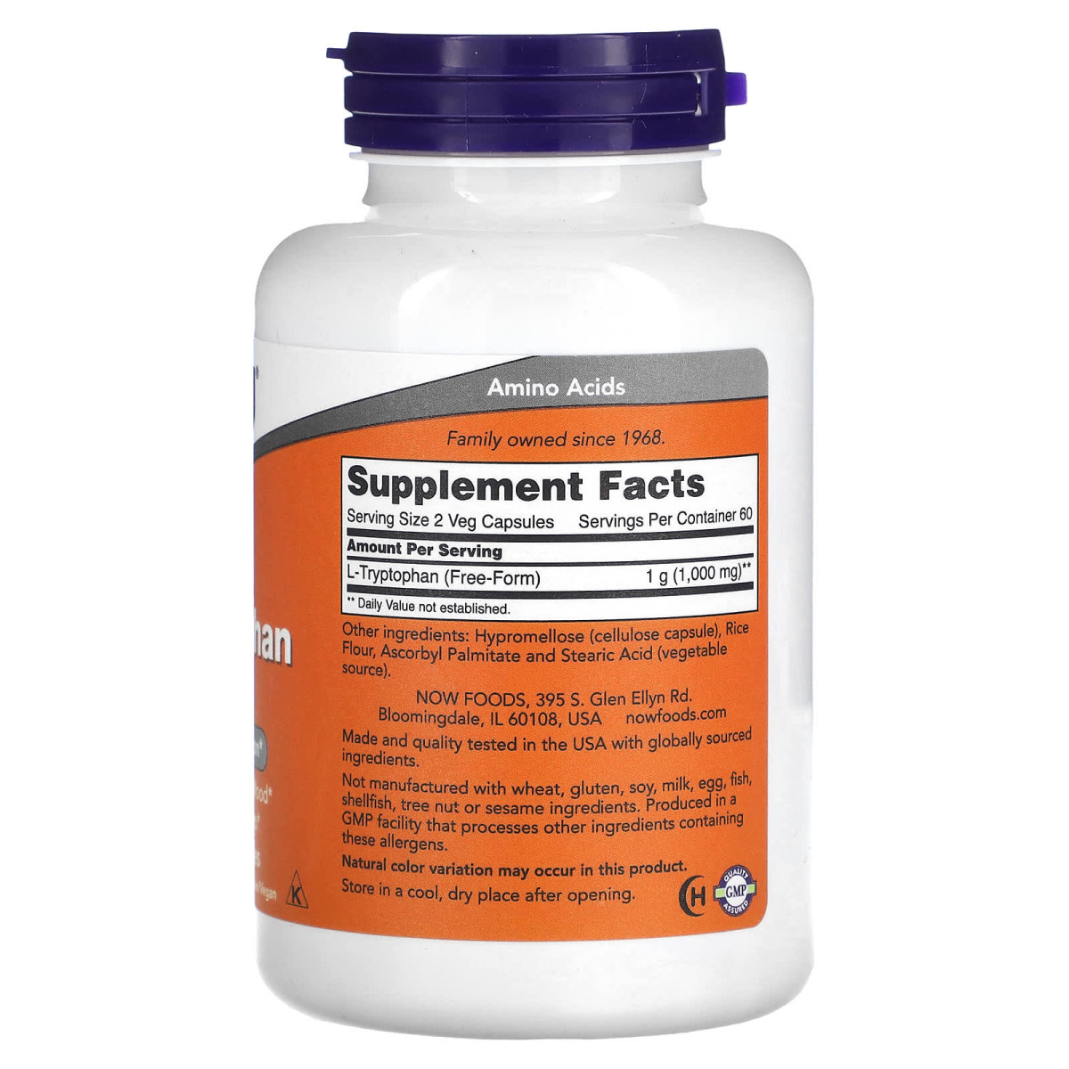 NOW Foods, L-tryptofan, 120 kapsułek roślinnych (500 mg na kapsułkę)