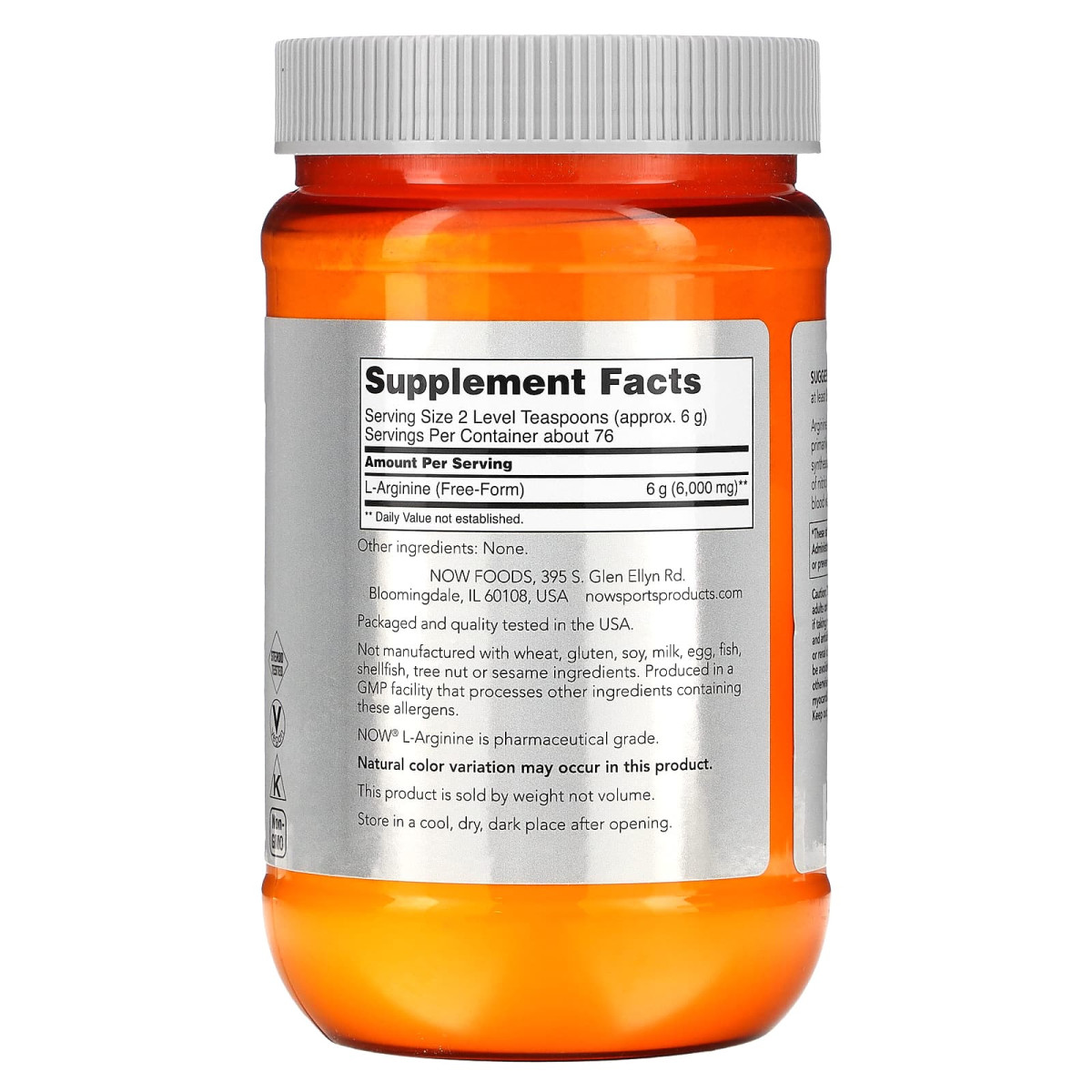 NOW Foods, Dla sportowców, L-arginina w proszku, 454 g