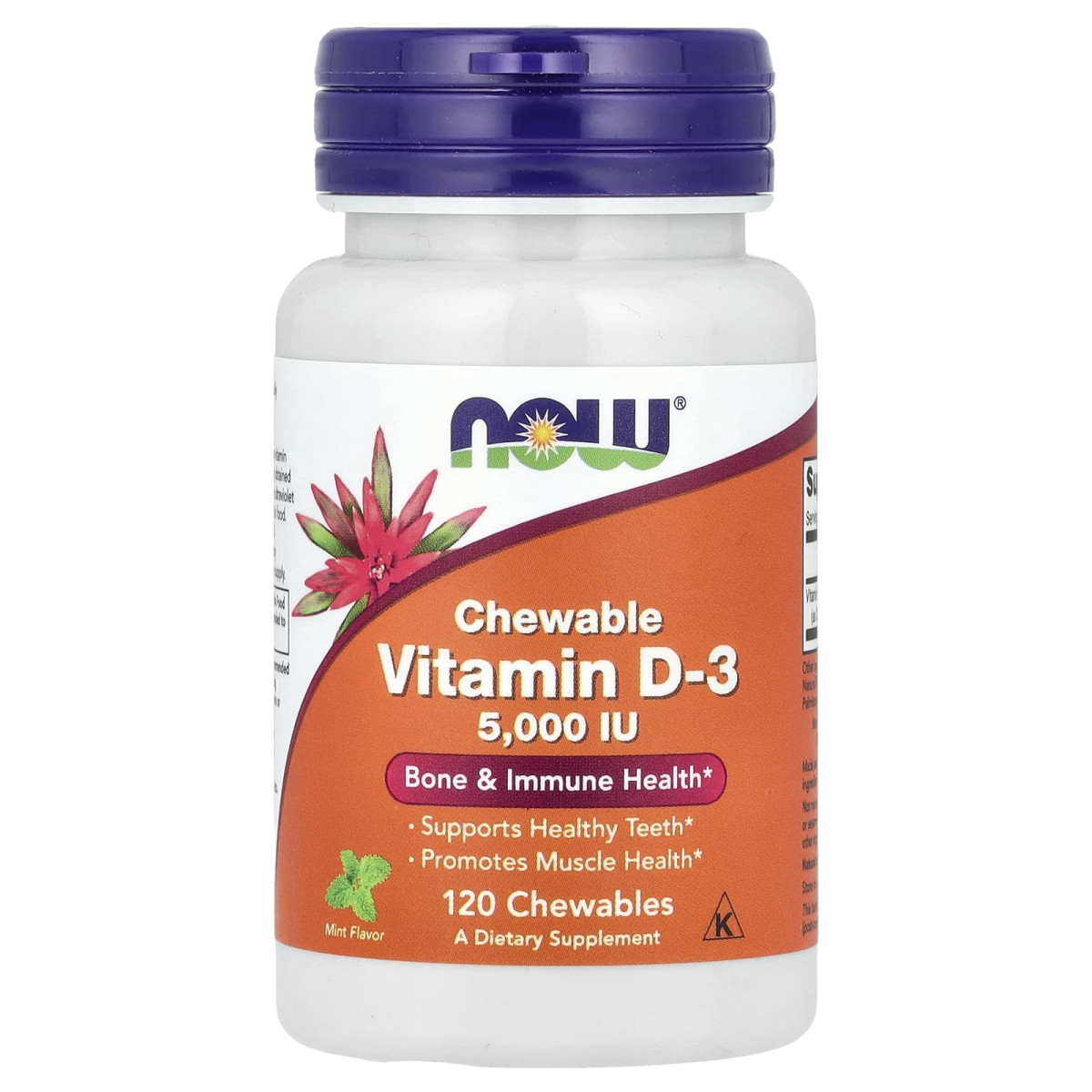 NOW Foods, Witamina D3 do żucia, naturalna mięta, 5000 j.m., 120 tabletek do ssania