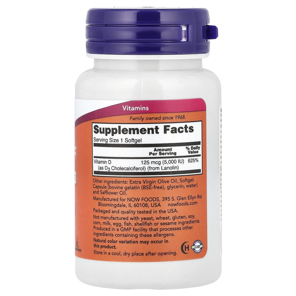 NOW Foods, Witamina D3 w wysokiej mocy, 125 µg (5000 j.m.), 240 kapsułek miękkich