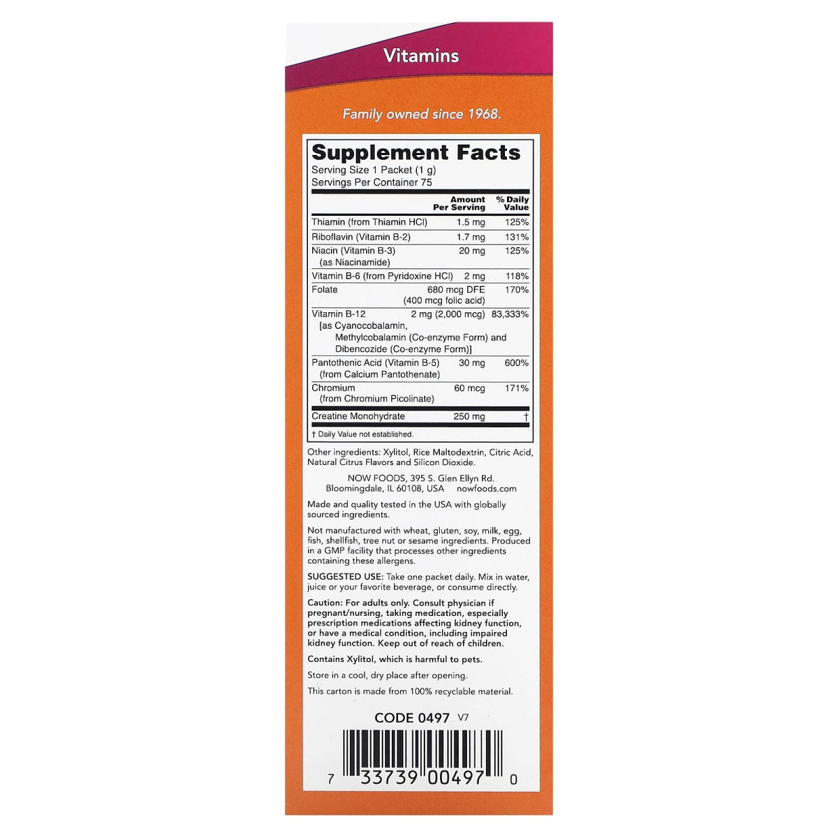 NOW Foods, Instant Energy B12, 2000 µg, 75 saszetek, 1 g każde