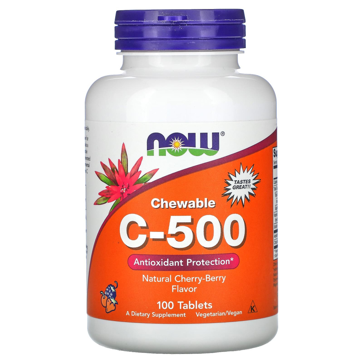 NOW Foods, C-500 do żucia, naturalny smak wiśniowo-jagodowy, 100 tabletek