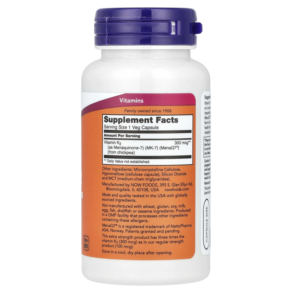 NOW Foods, MK-7, witamina K-2, zwiększona siła działania, 300 µg, 120 kapsułek roślinnych