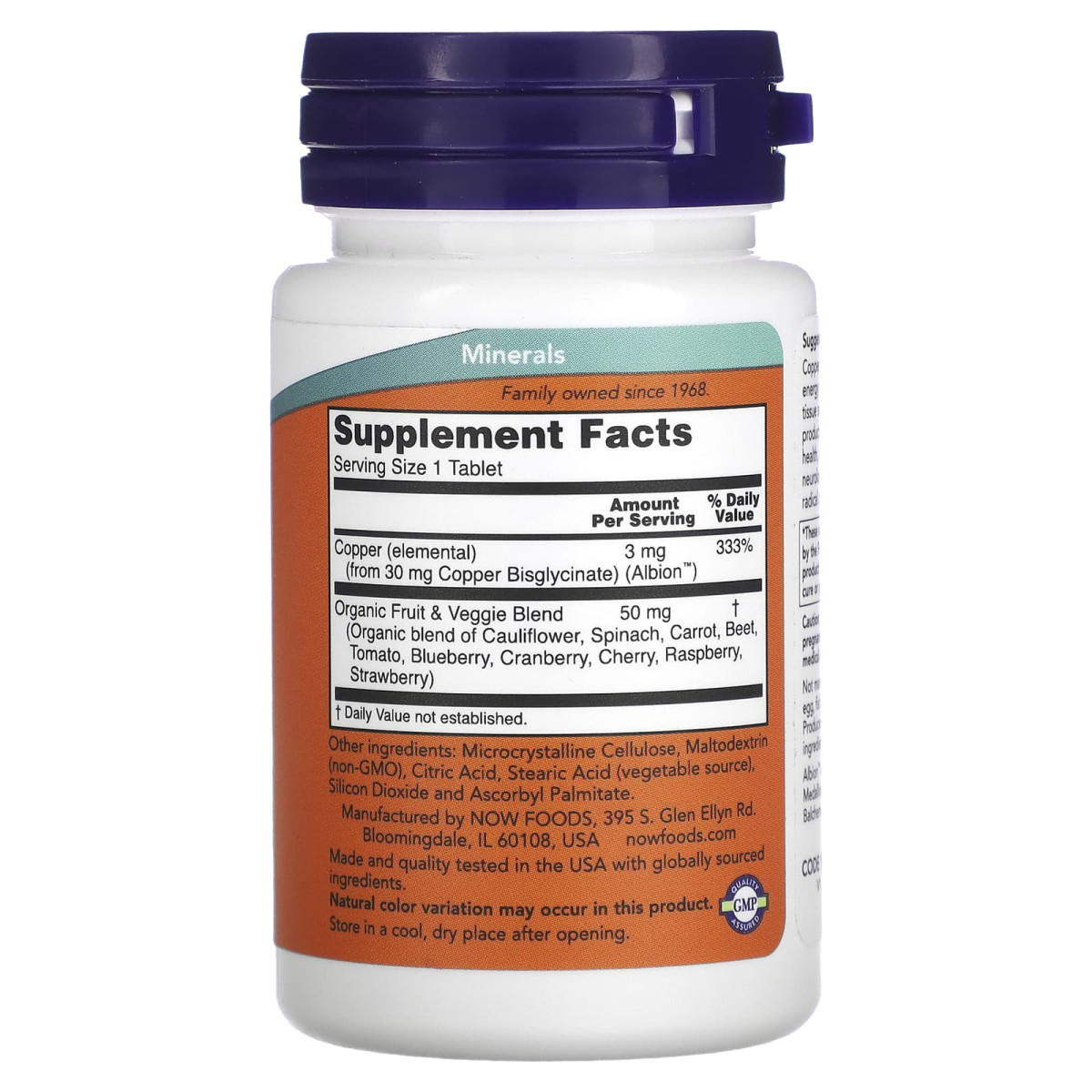 NOW Foods, Glicynian miedzi, 3 mg, 120 tabletek