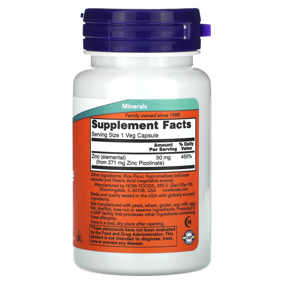NOW Foods, Pikolinian cynku, 50 mg, 30 kapsułek roślinnych
