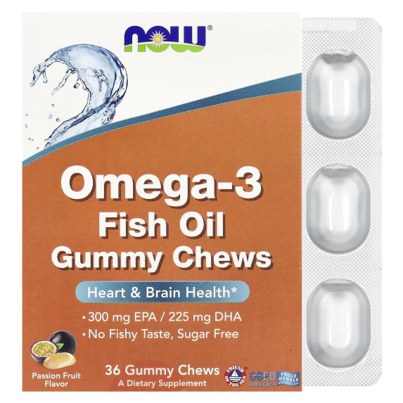 NOW Foods, Omega-3 żelki do żucia z olejem rybnym, marakuja, 750 mg, 36 żelek do żucia