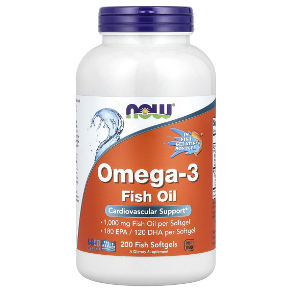 NOW Foods, Omega-3, 1000 mg, 200 kapsułek rybnych (1000 mg w kapsułce żelowej)