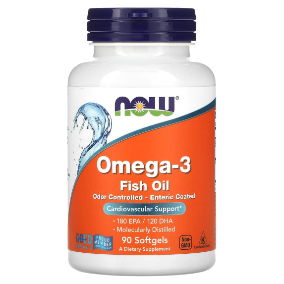 NOW Foods, Omega-3 Fish Oil, 1000 mg, 180 EPA–120 DHA, z kontrolą zapachu, z powłoką dojelitową, 90 miękkich kapsułek