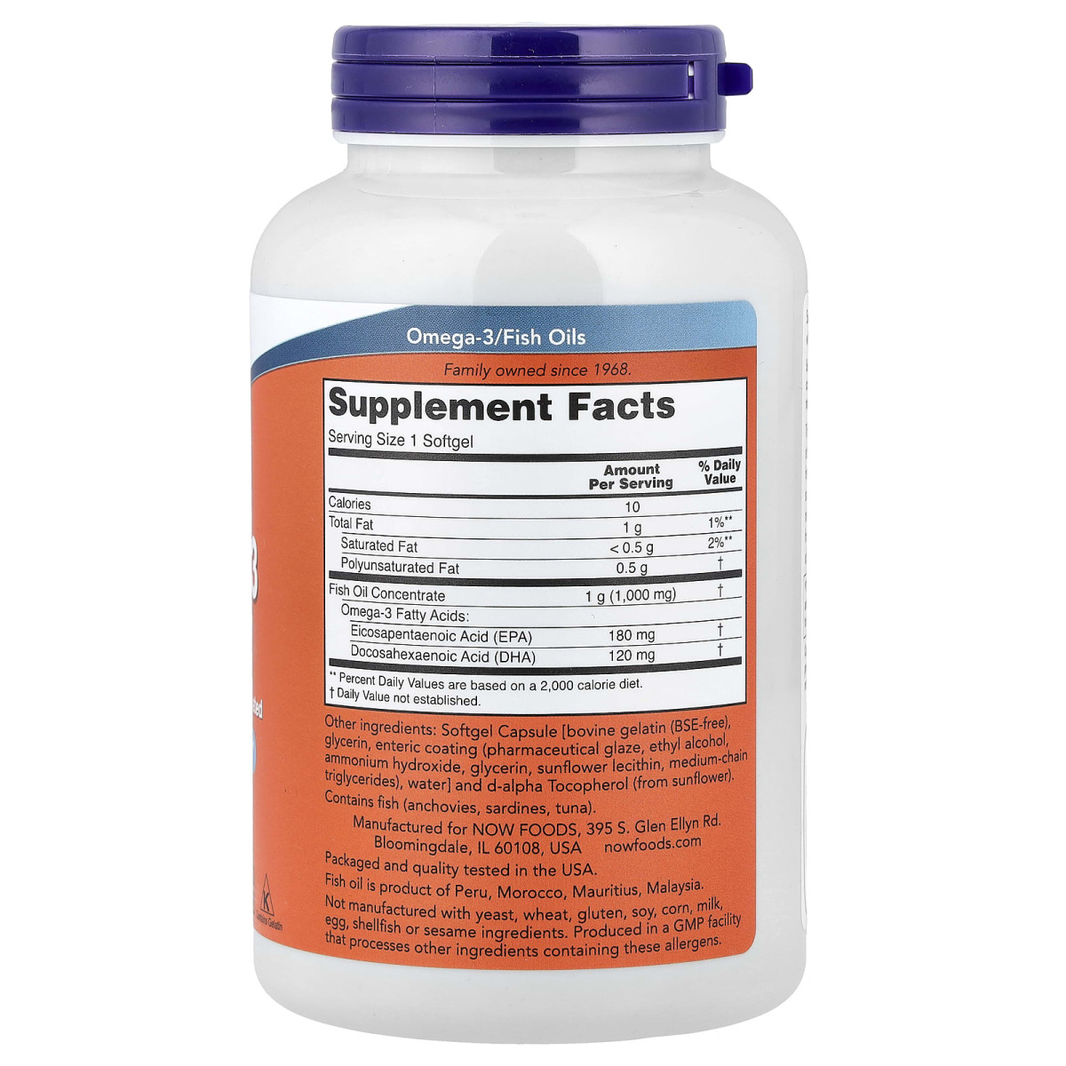NOW Foods, Omega-3, 180 EPA / 120 DHA, 180 kapsułek miękkich
