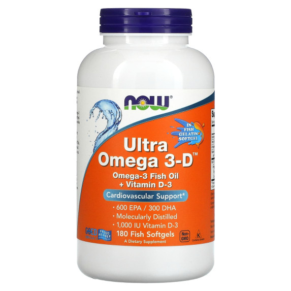 NOW Foods, Ultra Omega 3-D, 600 EPA / 300 DHA, 180 miękkich kapsułek rybnych