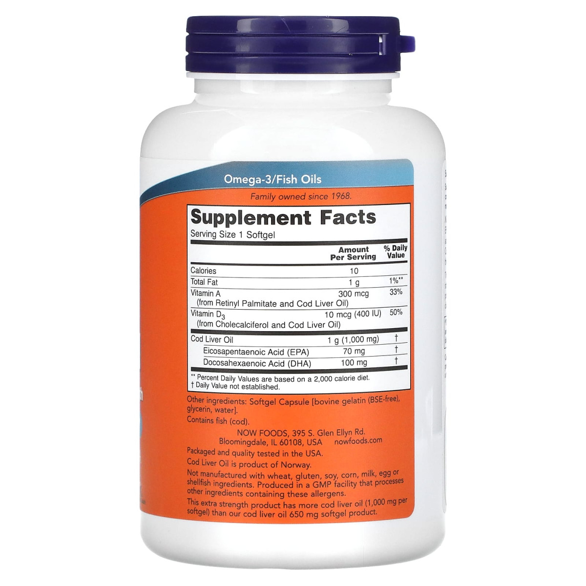 NOW Foods, Cod Liver Oil, 1000 mg, 180 kapsułek miękkich