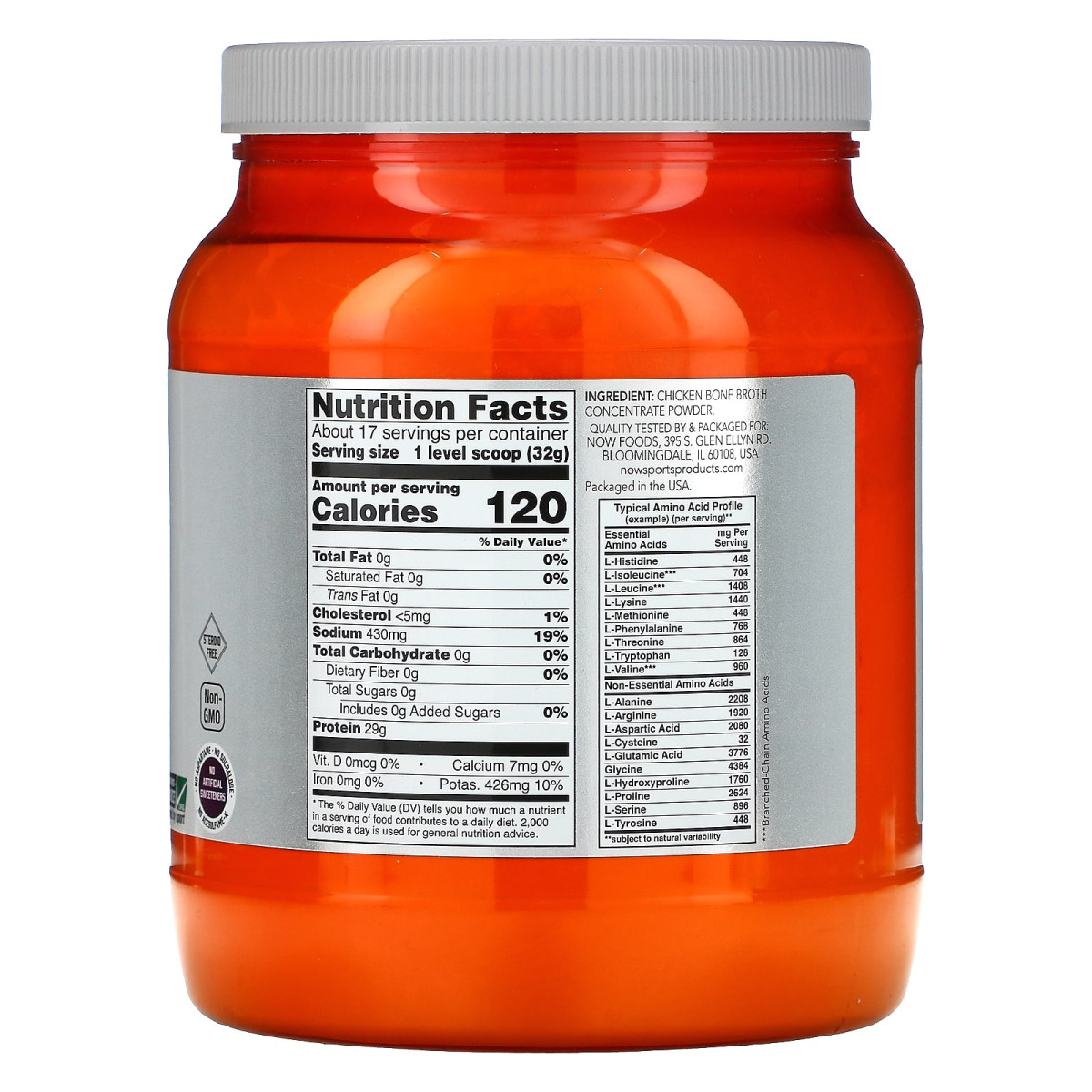 NOW Foods, Dla sportowców, odżywka białkowa z wywaru z kości kurczaka, w proszku, 544 g