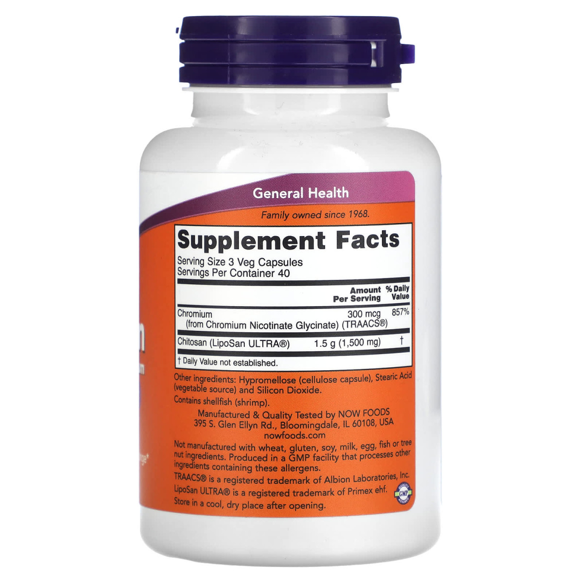 NOW Foods, Chitozan plus chrom, 500 mg, 120 kapsułek wegetariańskich