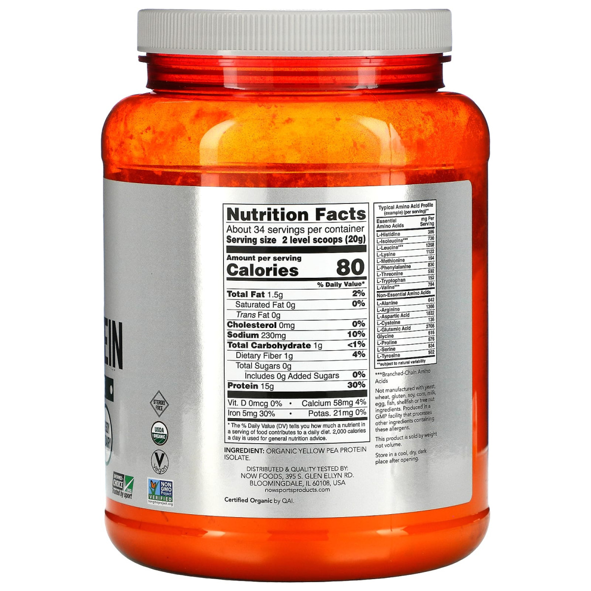 NOW Foods, Sports, organiczne białko grochu w proszku, czysty niearomatyzowany, 680 g