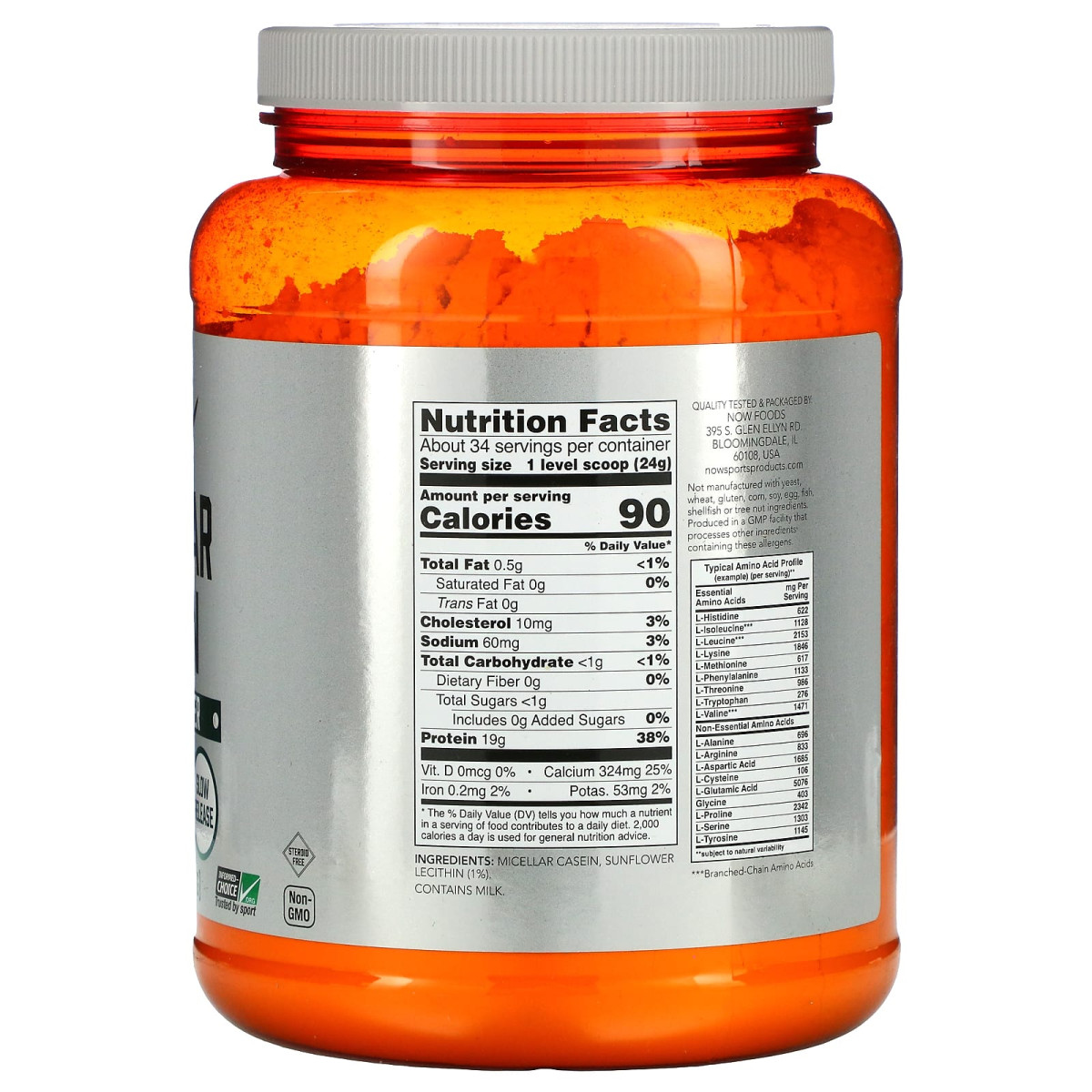 NOW Foods, Dla sportowców, kazeina micelarna w proszku, niearomatyzowany, 816 g