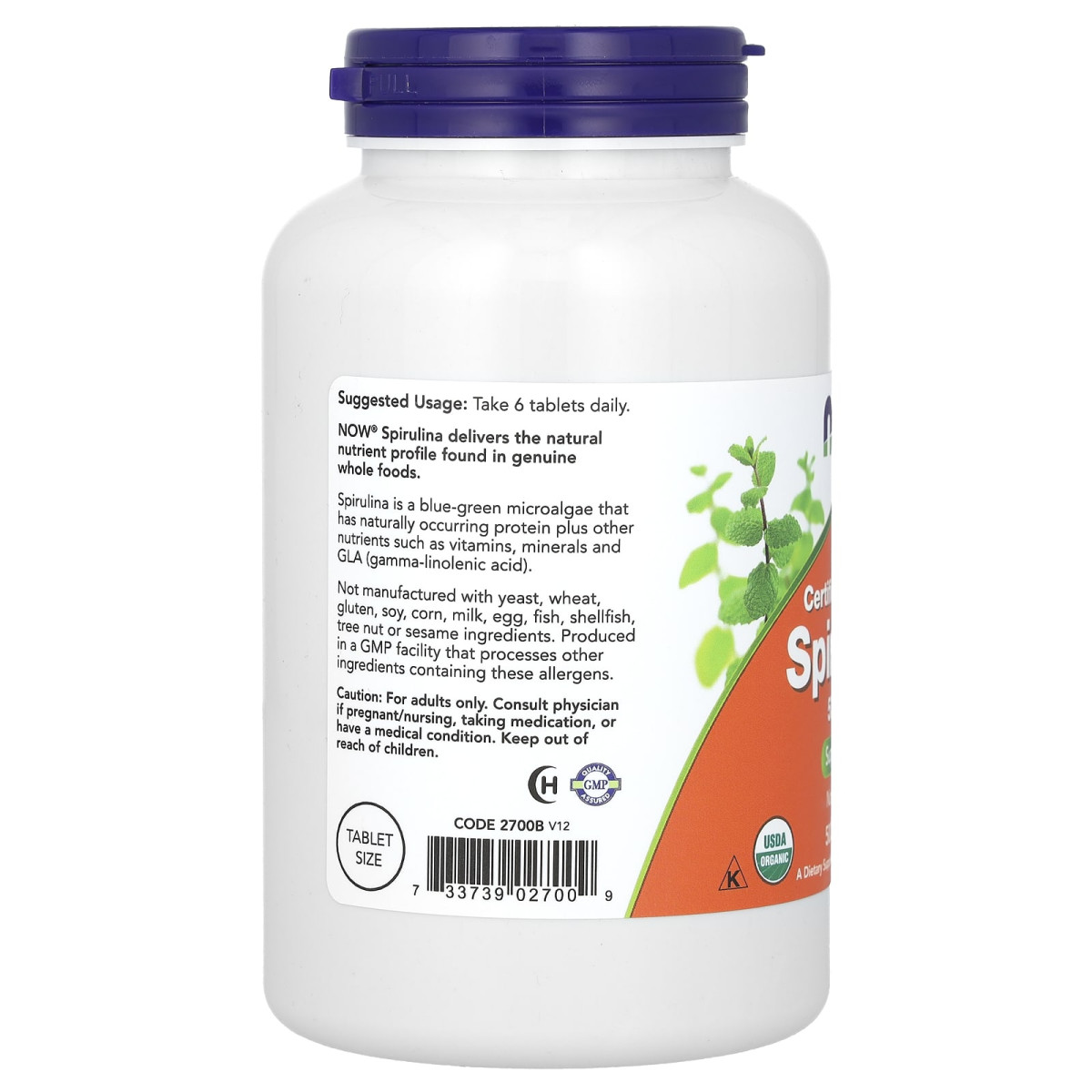 NOW Foods, Certyfikowana organiczna spirulina, 500 mg, 500 tabletek