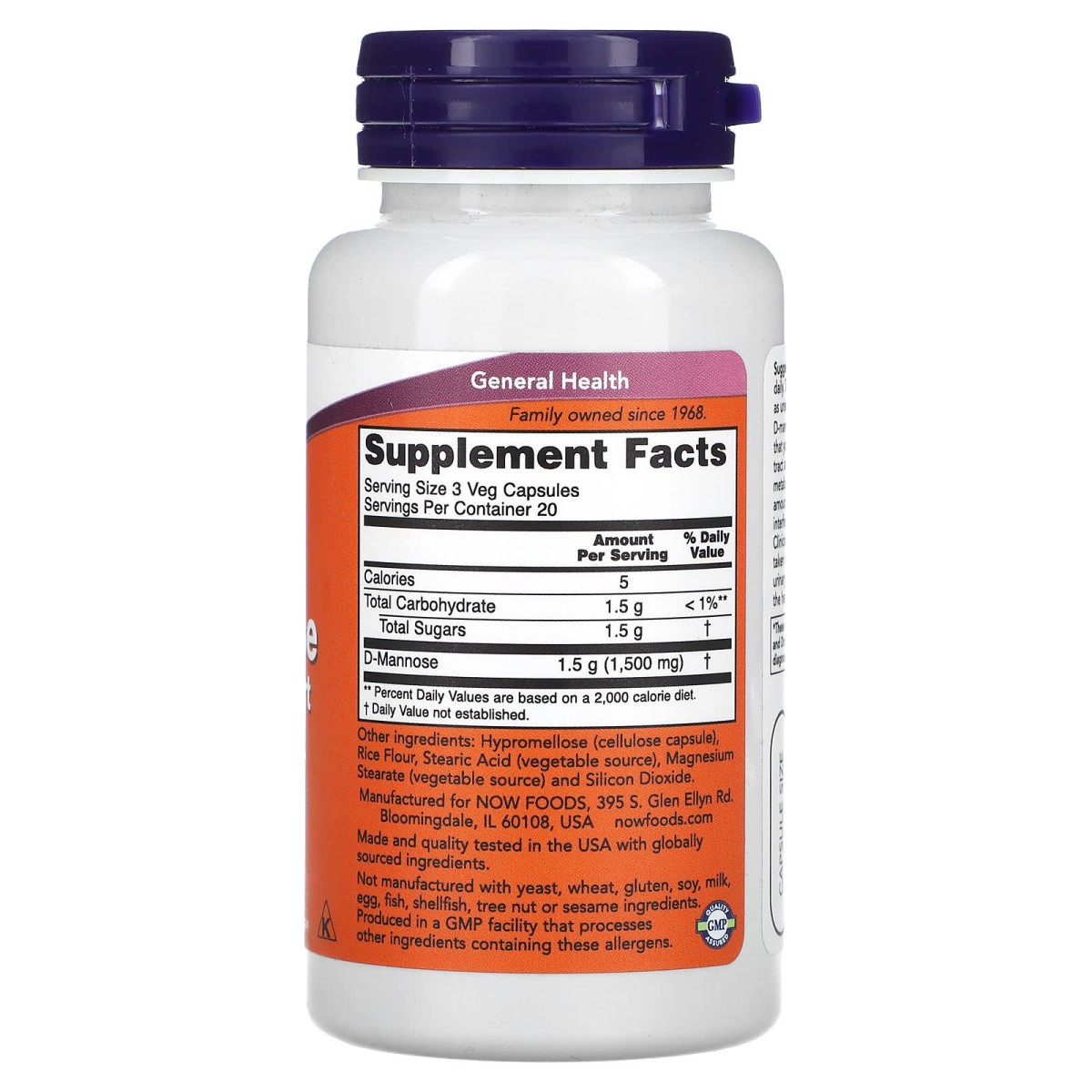 NOW Foods, D-mannoza, 60 kapsułek roślinnych (500 mg na kapsułkę)