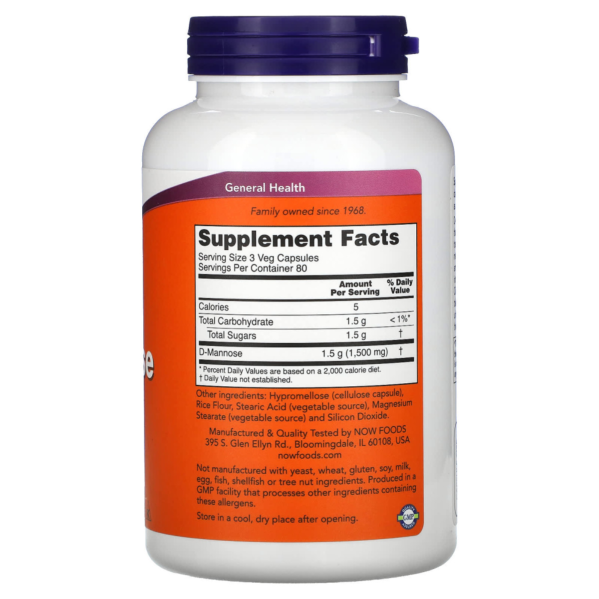 NOW Foods, D-mannoza, 500 mg, 240 kapsułek roślinnych