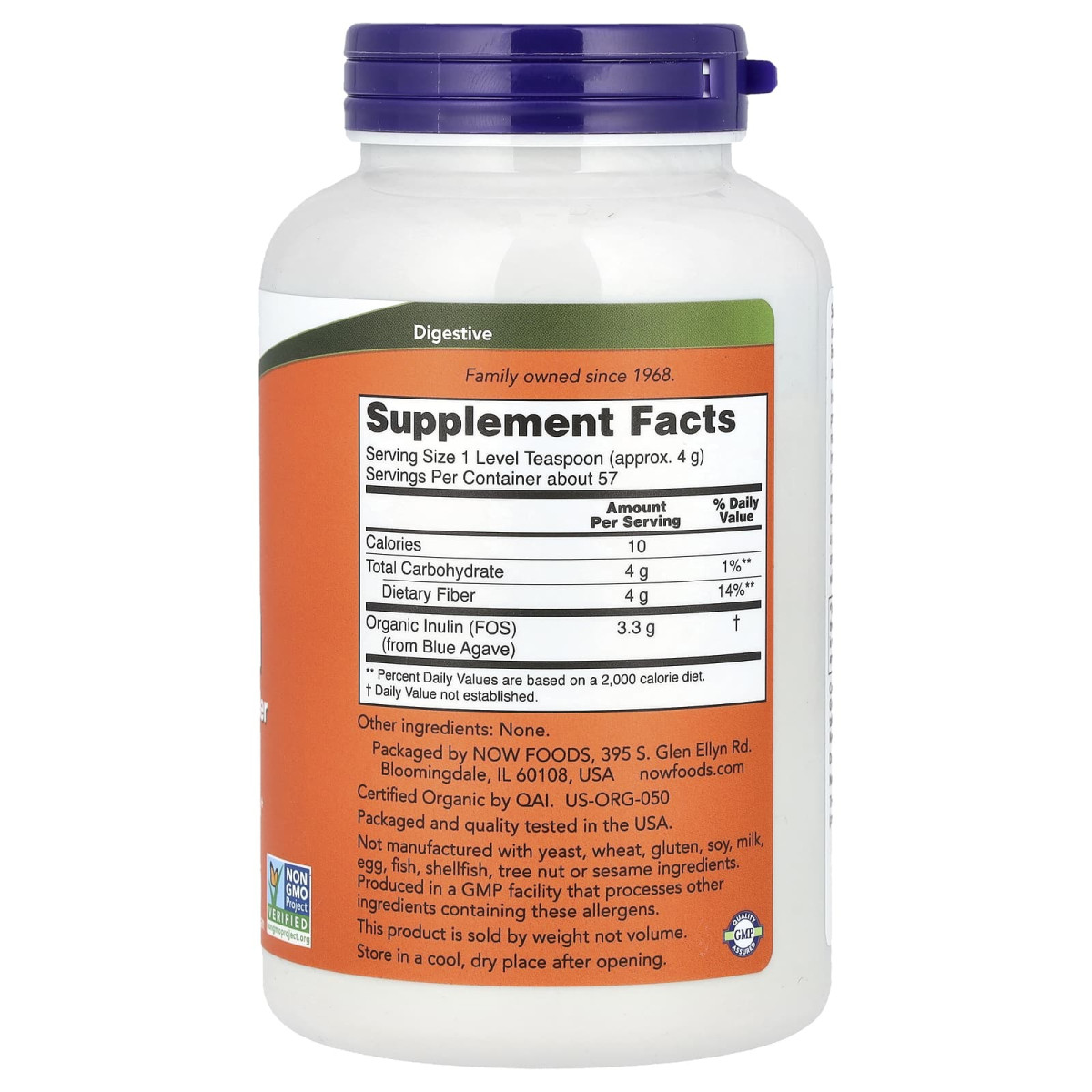 NOW Foods, Certyfikowana organiczna inulina, czysty prebiotyk w proszku, 227 g