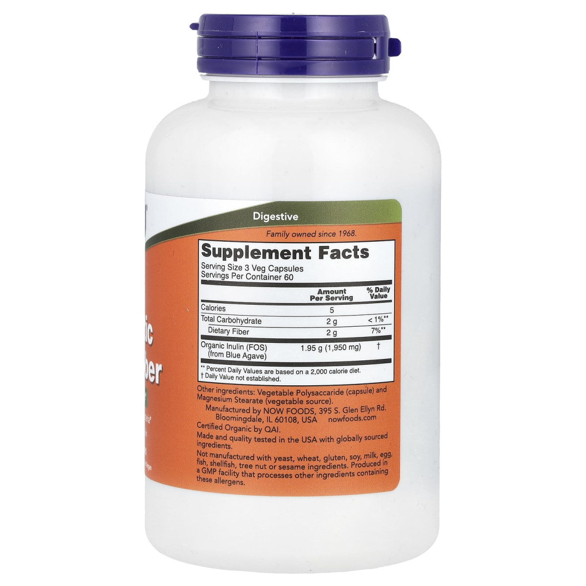 NOW Foods, Prebiotyczny błonnik inulinowy, 180 kapsułek roślinnych (650 mg na kapsułkę)