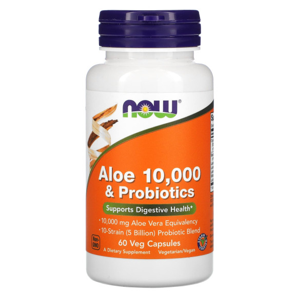 NOW Foods, Aloes 10 000 i probiotyki, 60 kapsułek roślinnych
