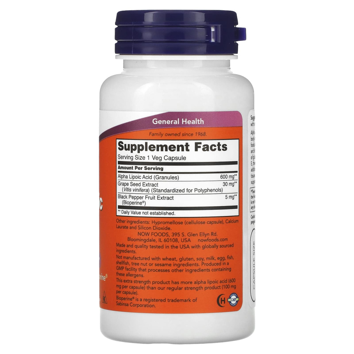 NOW Foods, Kwas alfa-liponowy, zwiększona siła, 600 mg, 60 kapsułek roślinnych