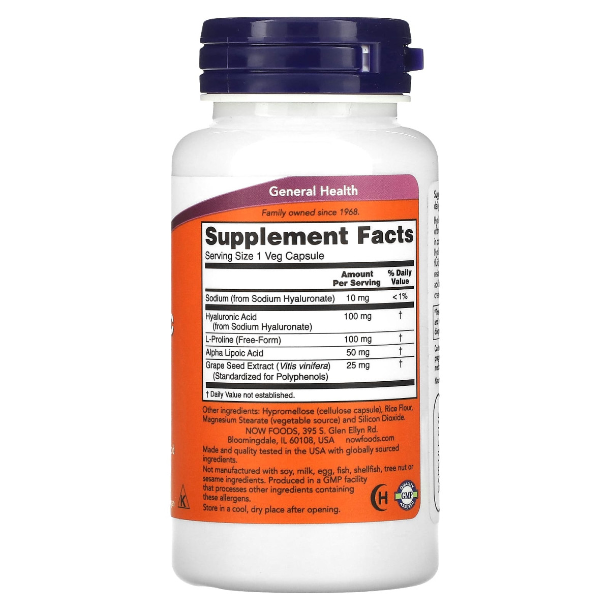 NOW Foods, Kwas hialuronowy o podwójnej mocy, 100 mg, 60 kapsułek roślinnych