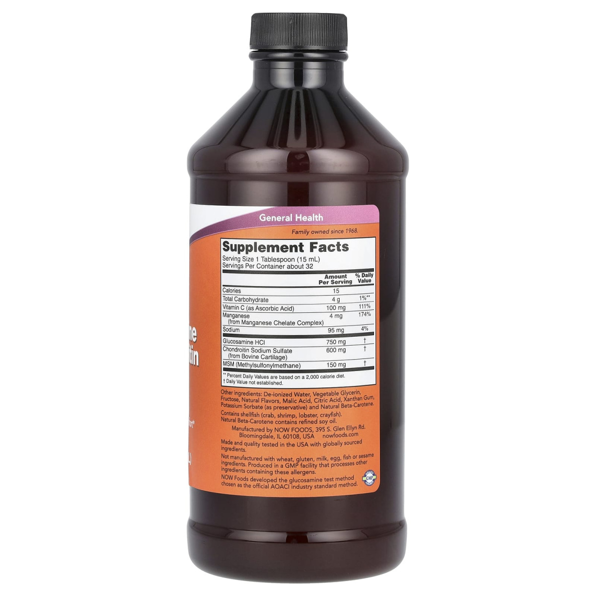 NOW Foods, Glukozamina i chondroityna w płynie z MSM, cytrusami, 473 ml