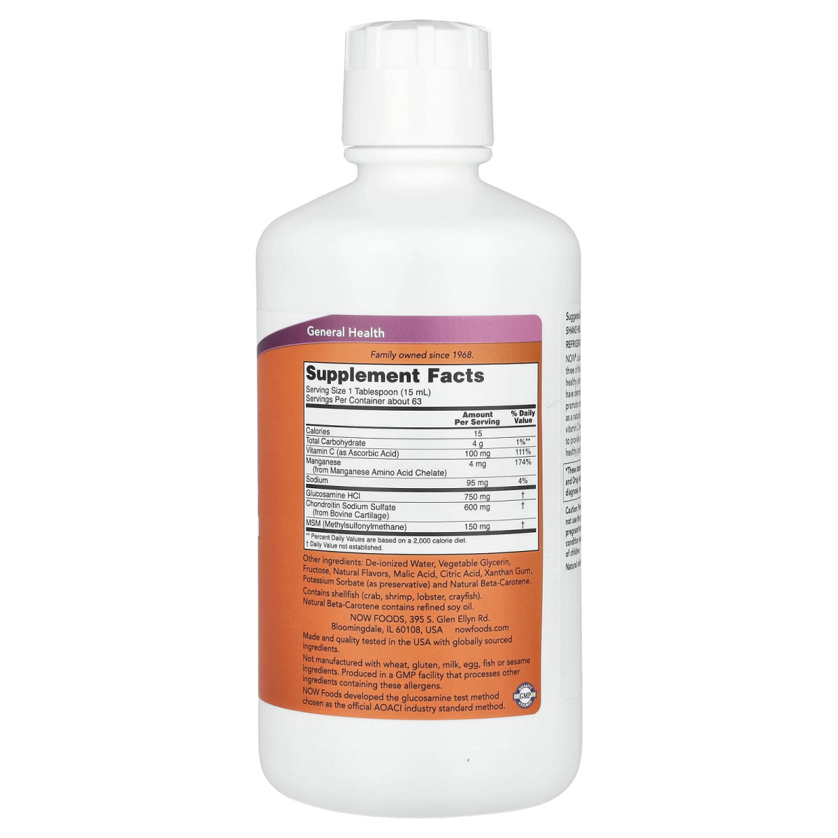 NOW Foods, Glukozamina i chondroityna w płynie z MSM, cytrusami, 946 ml
