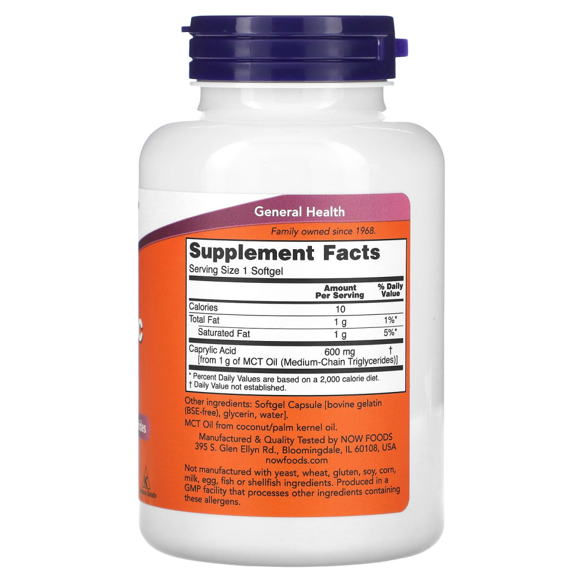 NOW Foods, Caprylic Acid, 600 mg, 100 kapsułek miękkich