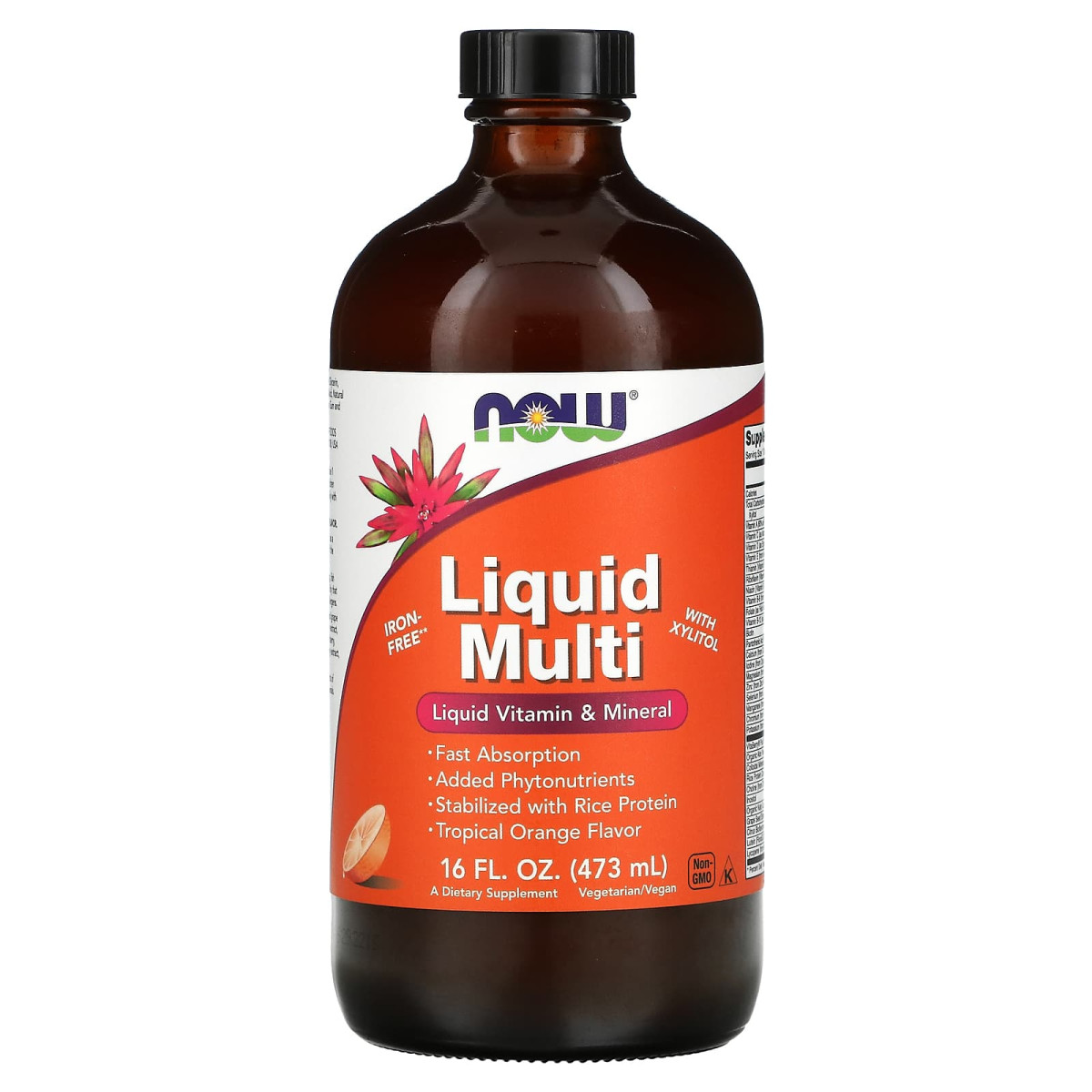 NOW Foods, Multi w płynie z ksylitolem, tropikalna pomarańcza, bez żelaza, 473 ml