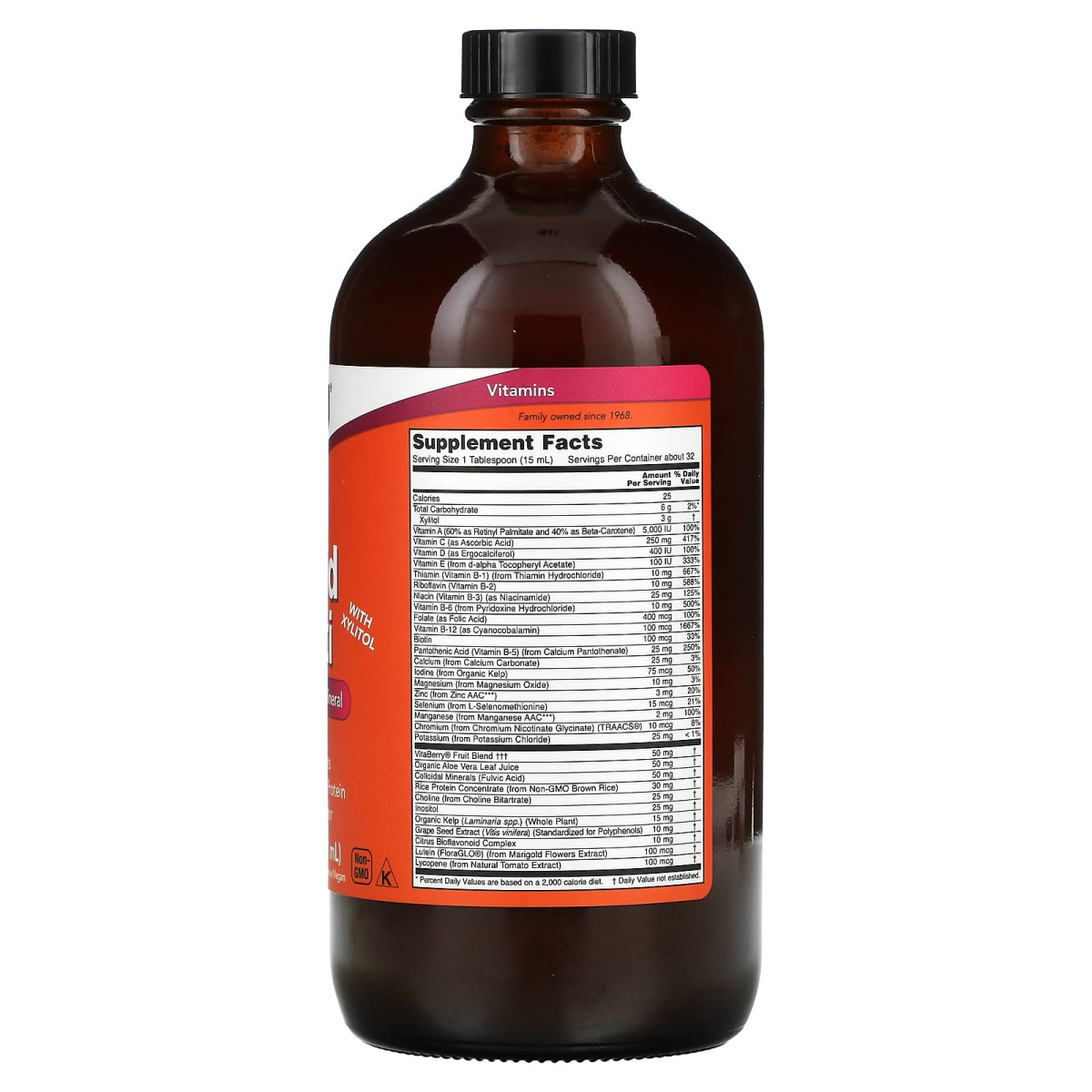 NOW Foods, Multi w płynie z ksylitolem, tropikalna pomarańcza, bez żelaza, 473 ml