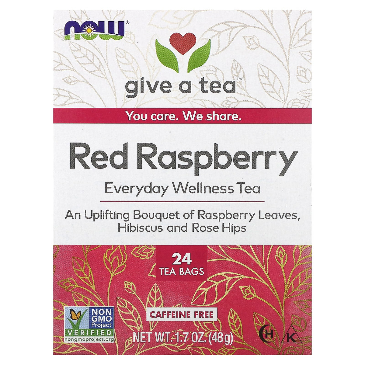 NOW Foods, Everyday Wellness Tea, czerwona malina, bez kofeiny, 24 torebki, 48 g