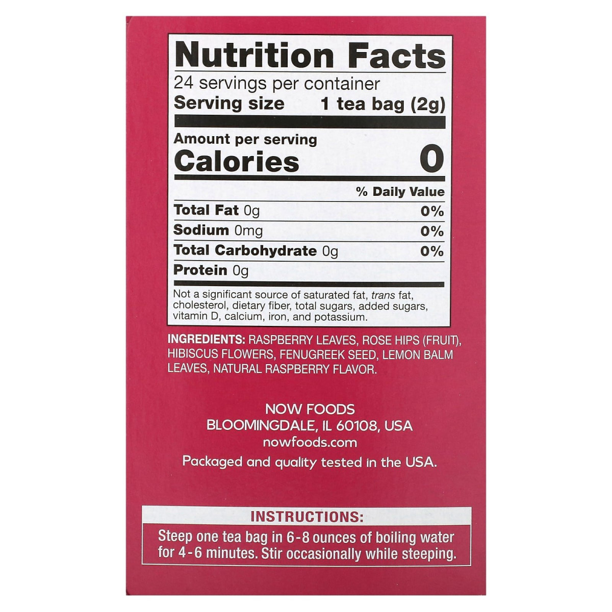 NOW Foods, Everyday Wellness Tea, czerwona malina, bez kofeiny, 24 torebki, 48 g