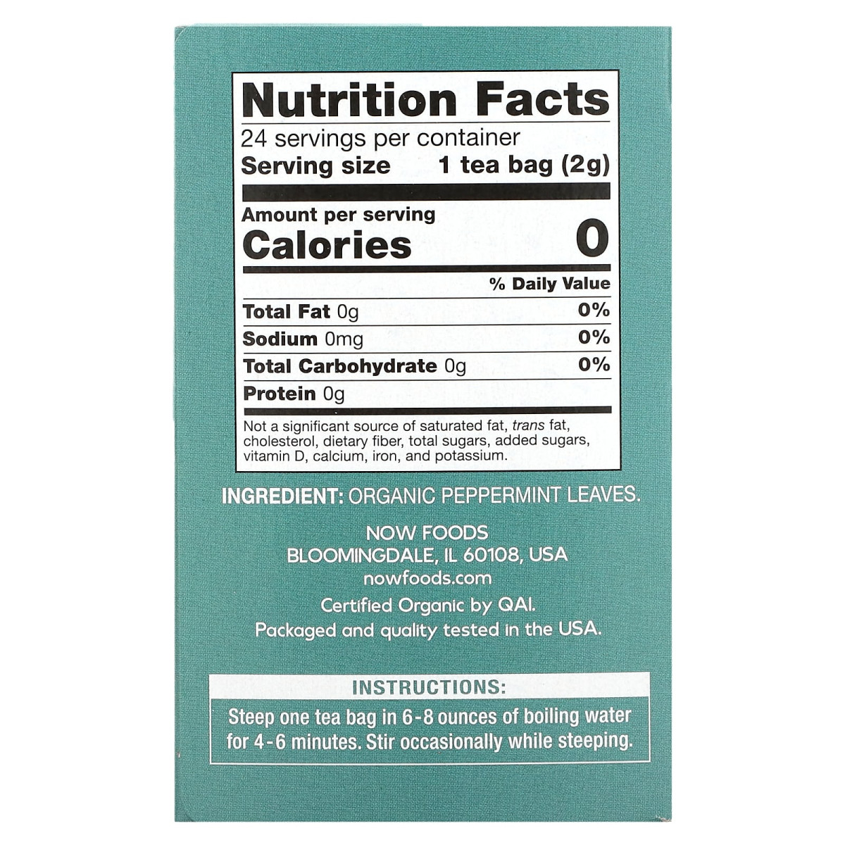NOW Foods, Herbata z ekologiczną miętą pieprzową, bez kofeiny, 24 torebki, 48 g