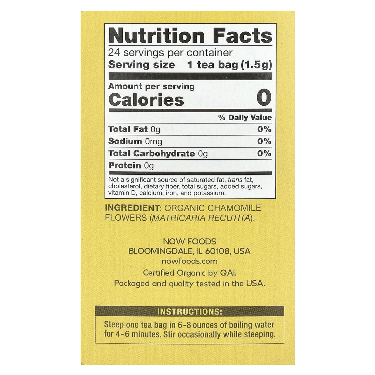 NOW Foods, Organiczny rumianek, bez kofeiny, 24 torebki herbaty, 36 g