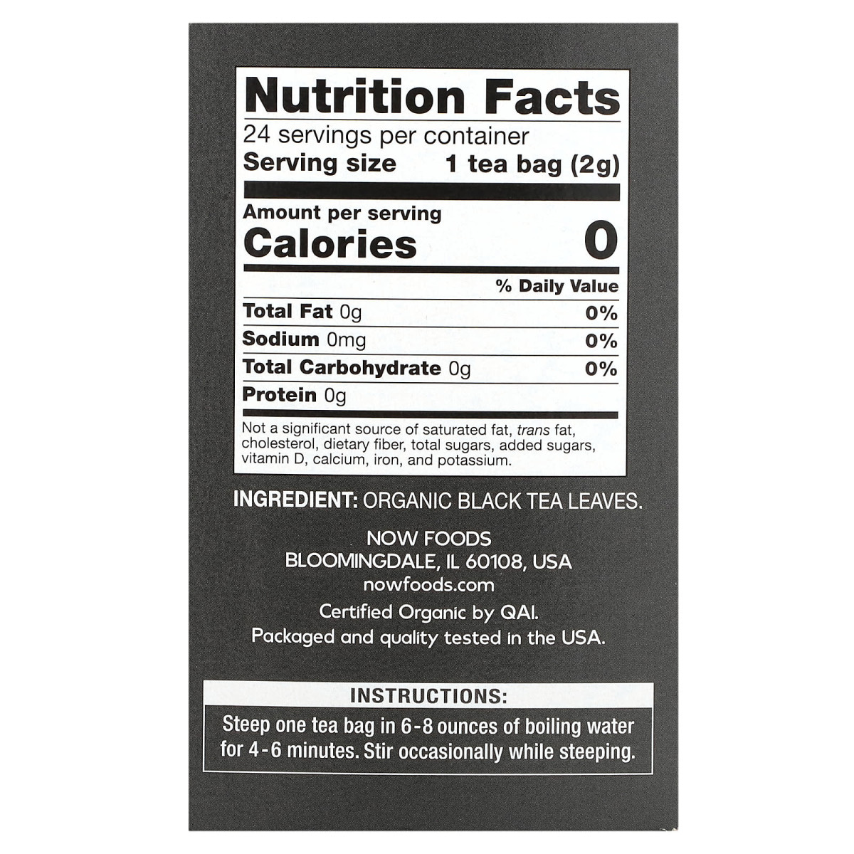 NOW Foods, Organiczna czarna herbata, 24 torebki, 48 g
