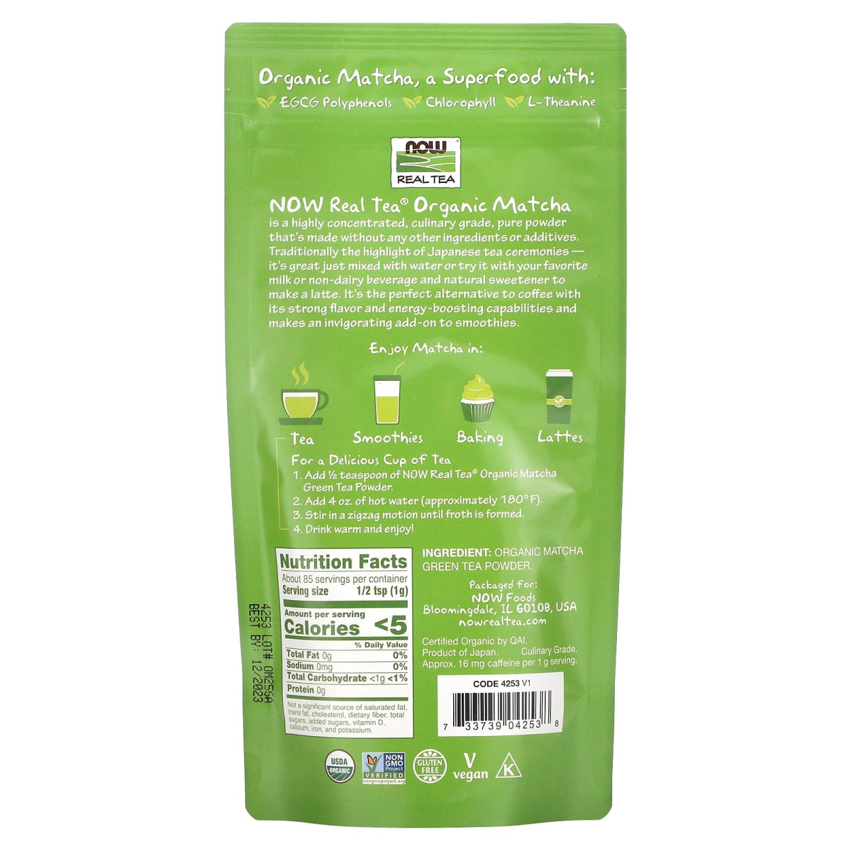 NOW Foods, Real Tea, organiczna zielona herbata matcha w proszku, 85 g