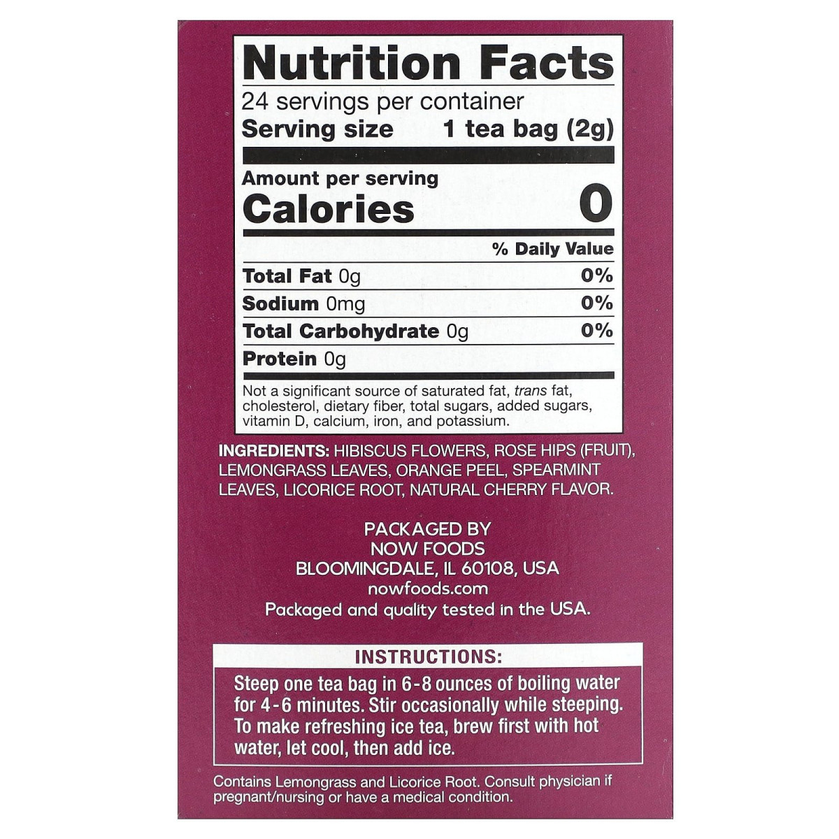 NOW Foods, Heavenly Hip Hibiscus, herbata ziołowa, bez kofeiny, 24 torebki herbaty, 48 g