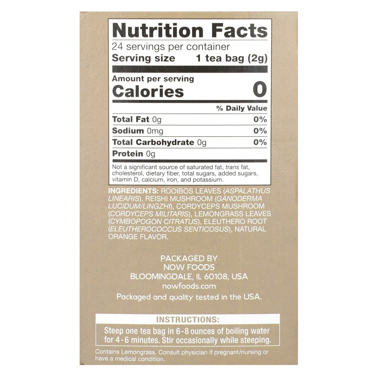 NOW Foods, Rooibos Reishi Mushroom Tea, bez kofeiny, 24 torebki, 48 g