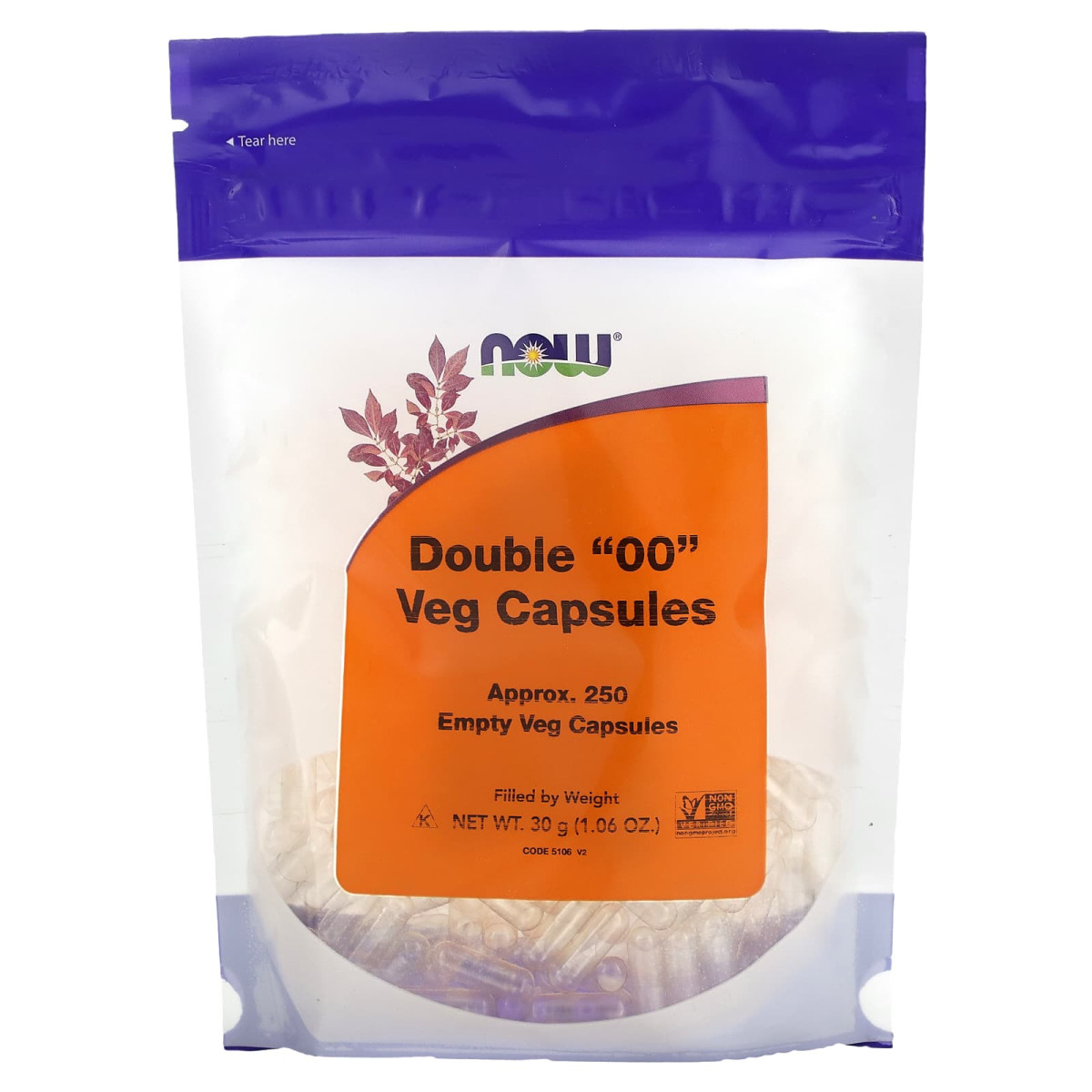 NOW Foods, Podwójne kapsułki roślinne „00”, około 250 pustych kapsułek roślinnych