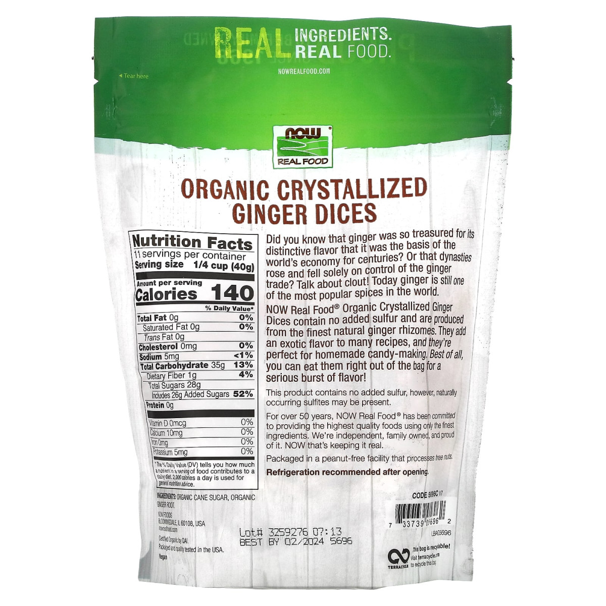 NOW Foods, Real Food, organiczne skrystalizowane kostki imbirowe, 454 g