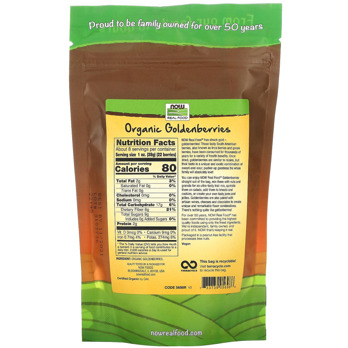 NOW Foods, Real Food, certyfikowane organiczne złote jagody, 227 g